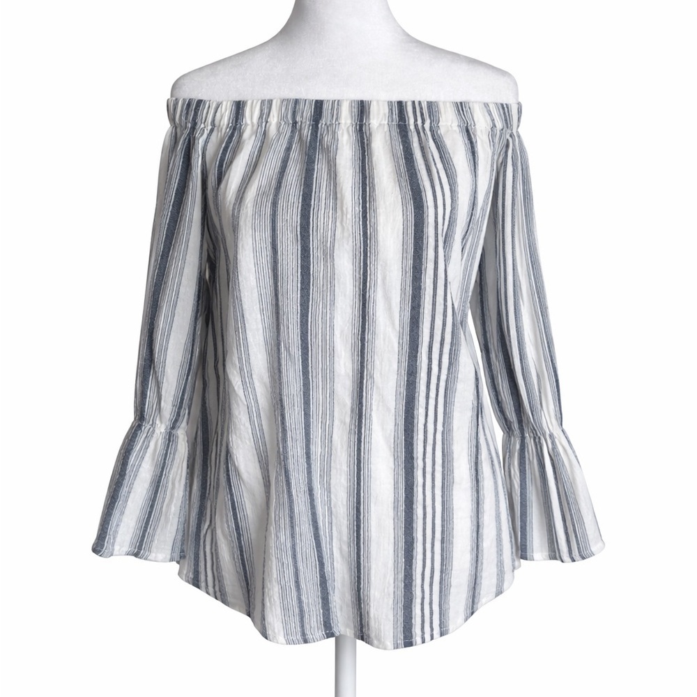Sanctuary Off-Shoulder Striped Bell Sleeve Blouse | Size Small - Picture 2 of 6